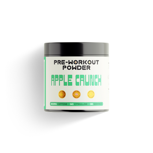 Apple Crunch pre-workout powder container with nutrition highlights on white background