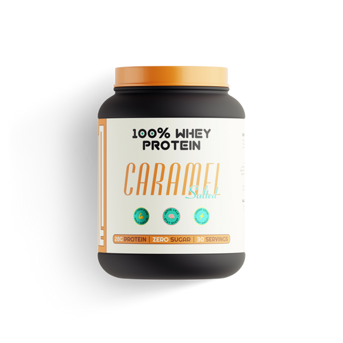 Salted caramel 100% whey protein powder container, 28g protein, zero sugar, 30 servings