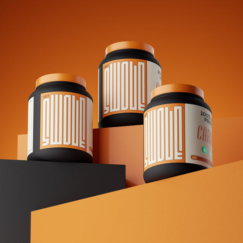Three tubs of whey protein powder on geometric orange and black podiums, sports nutrition