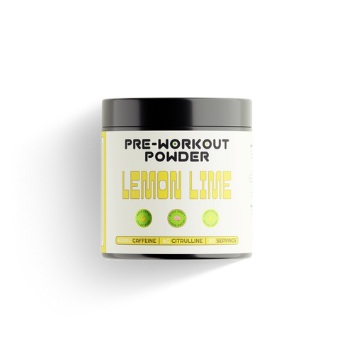 Lemon lime pre-workout powder container with label highlighting caffeine and citrulline